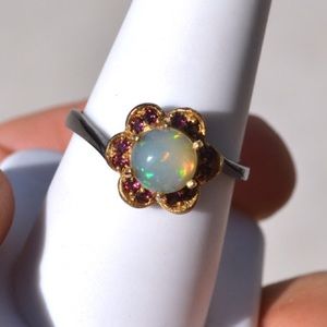 NATURAL Opal and Amethyst Flower Petal Ring in Sterling Silver, Size 8.75